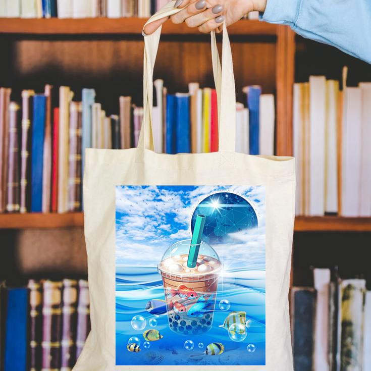 Frutiger Aero Aesthetic Tech Bubble Tea Boba Milktea Fishes Canvas Tote Bag Frutiger Aero Aesthetic Tech Bubble Tea Boba Milktea Fishes Canvas Tote Bag