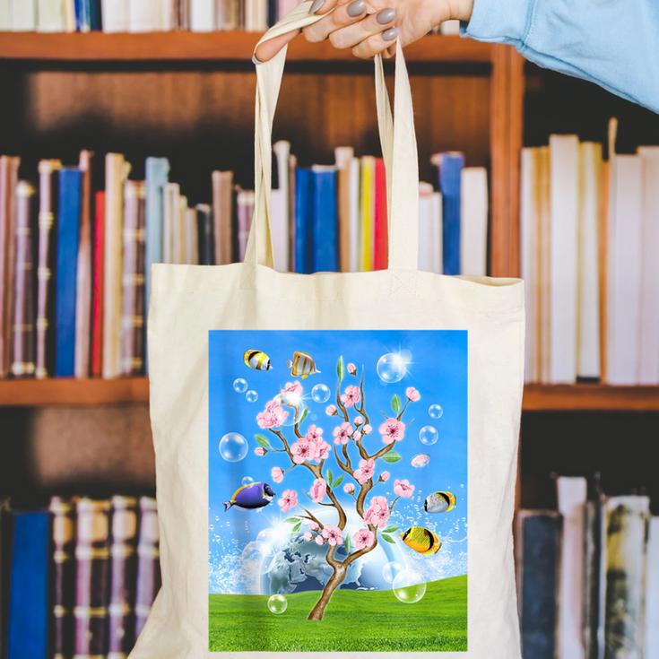 Frutiger Aero Aesthetic Tech Cherry Blossom Fishes Bubbles Canvas Tote Bag
