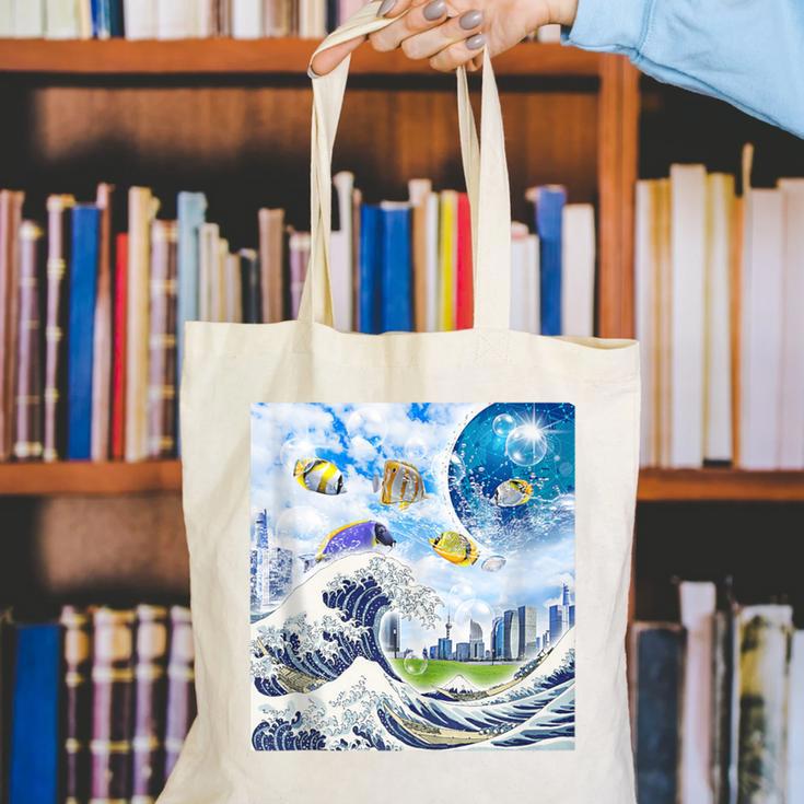 Frutiger Aero Aesthetic Tech Great Wave Of Kanagawa Fishes Canvas Tote Bag