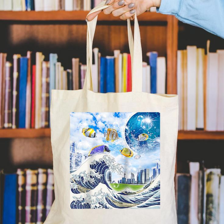 Frutiger Aero Aesthetic Tech Great Wave Of Kanagawa Fishes Raglan Baseball Tee Canvas Tote Bag
