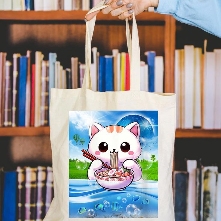 Frutiger Aero Aesthetic Tech Kawaii Ramen Cat Fishes Canvas Tote Bag