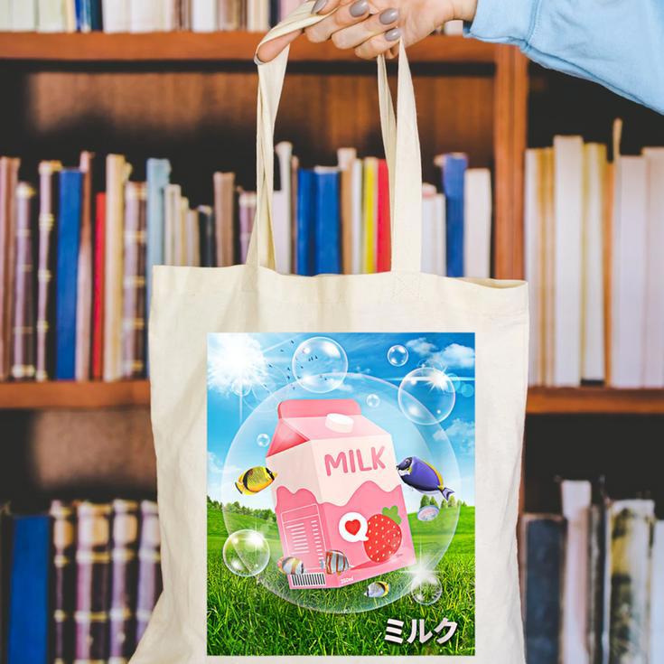 Frutiger Aero Aesthetic Tech Kawaii Strawberry Milk Fishes Canvas Tote Bag