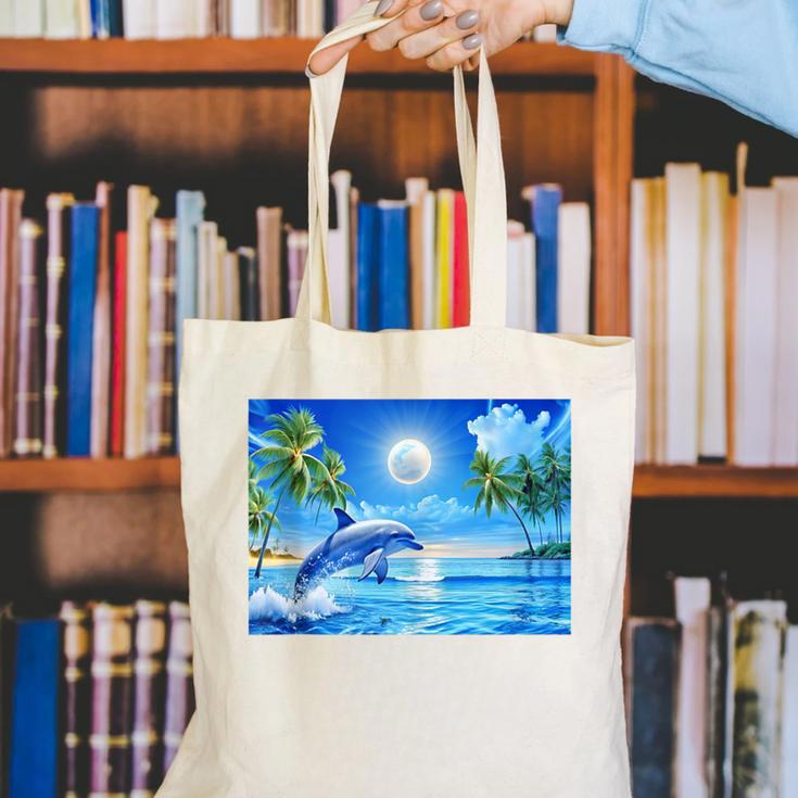 Frutiger Aero Dolphin Sunset Ocean With Palm Trees Y2k Canvas Tote Bag Frutiger Aero Dolphin Sunset Ocean With Palm Trees Y2k Canvas Tote Bag