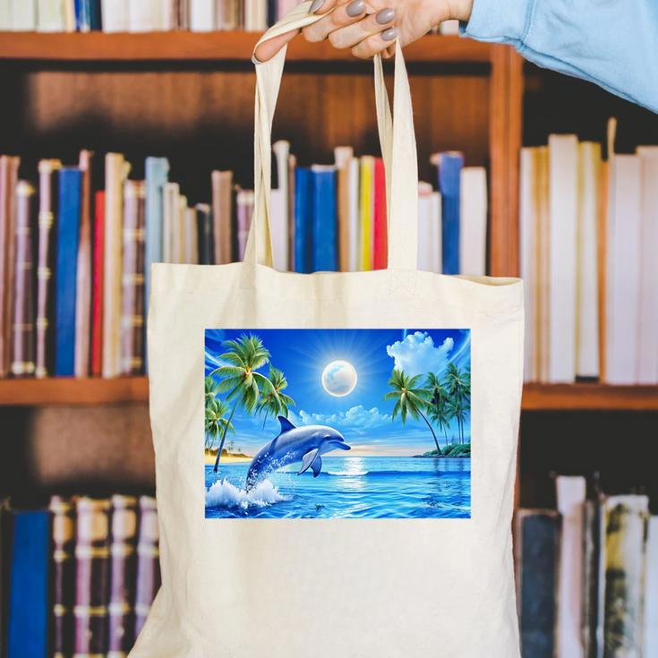Frutiger Aero Dolphin Sunset Ocean With Palm Trees Y2k Premium Canvas Tote Bag Frutiger Aero Dolphin Sunset Ocean With Palm Trees Y2k Premium Canvas Tote Bag