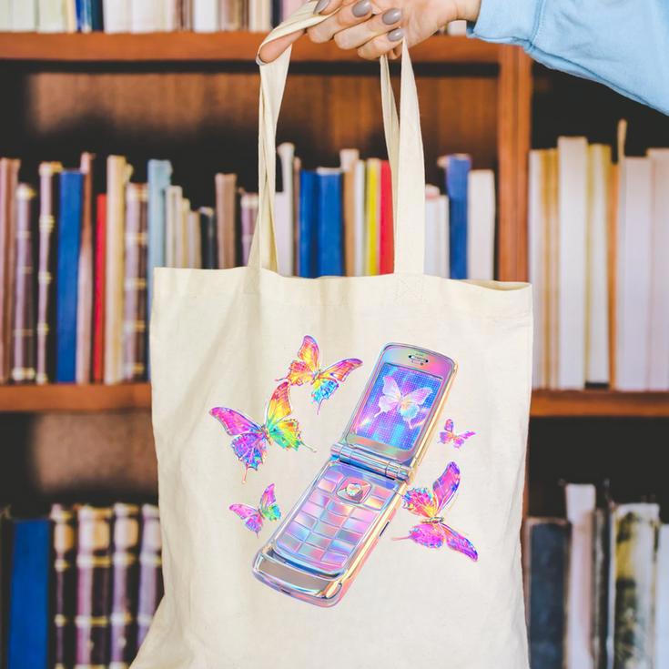Frutiger Aero Y2K Chrome Phone Butterfly Canvas Tote Bag Frutiger Aero Y2K Chrome Phone Butterfly Canvas Tote Bag