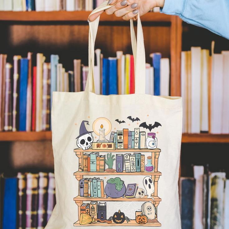 Ghost Book Reading Books Lover Teacher Happy Halloween Canvas Tote Bag