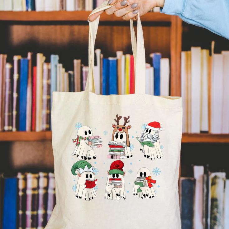 Ghost Santa Elf Squad Read Books Bookish Librarian Christmas Canvas Tote Bag