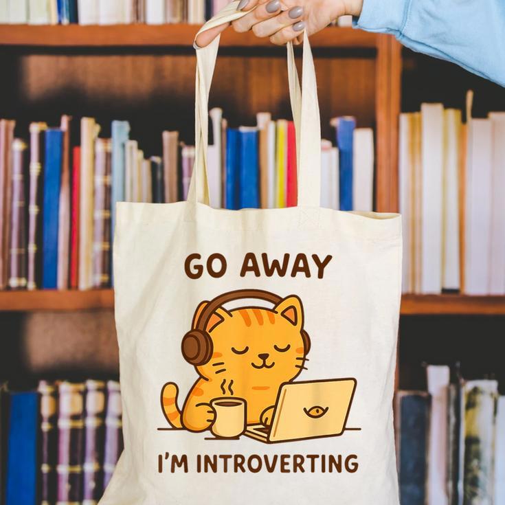 Go Away I'm Introverting Cozy Cat With Laptop And Coffee Canvas Tote Bag Go Away I'm Introverting Cozy Cat With Laptop And Coffee Canvas Tote Bag