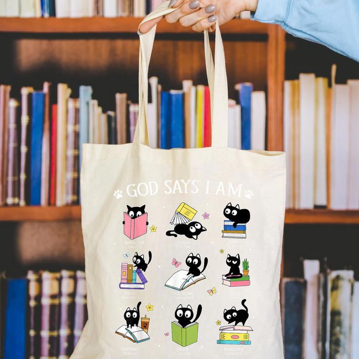 God Says I Am Cat Book Lover Christian Cute Jesus Girls Kids Canvas Tote Bag God Says I Am Cat Book Lover Christian Cute Jesus Girls Kids Canvas Tote Bag