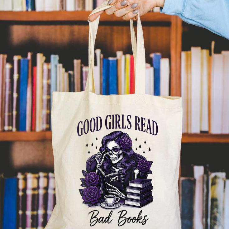 Good Girls Read Bad Books Sarcastic Skeleton Goth Skull Canvas Tote Bag
