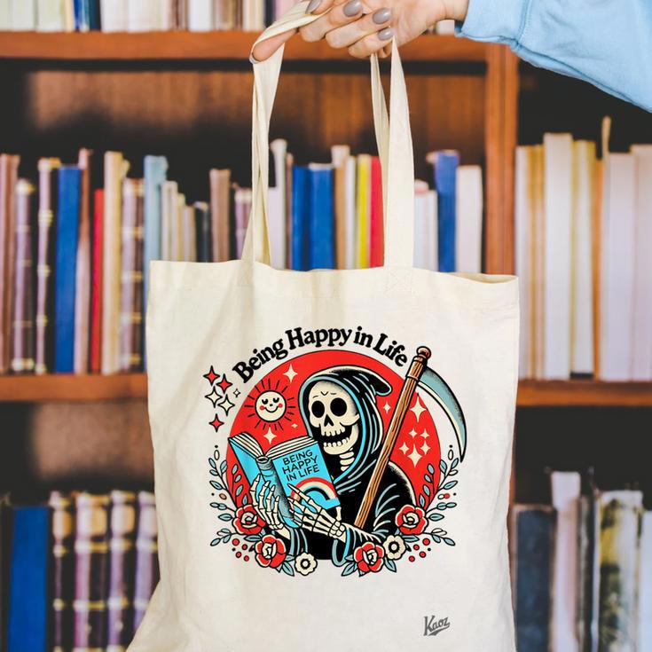 Grim Reaper Reads a Book Canvas Tote Bag Grim Reaper Reads a Book Canvas Tote Bag