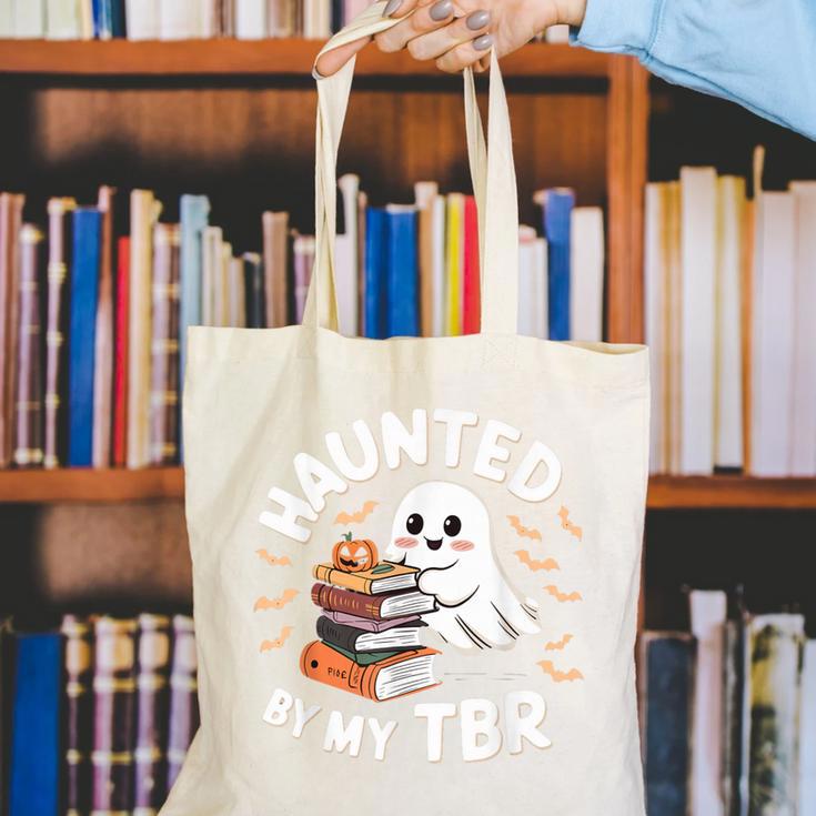 Haunted By My TBR Cute Ghost Book Reading Teacher Halloween Canvas Tote Bag Haunted By My TBR Cute Ghost Book Reading Teacher Halloween Canvas Tote Bag