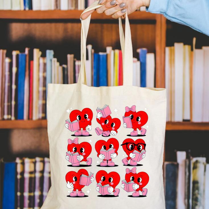 Heart Reading Books Valentine Teacher Boys Girls Book Lover Canvas Tote Bag