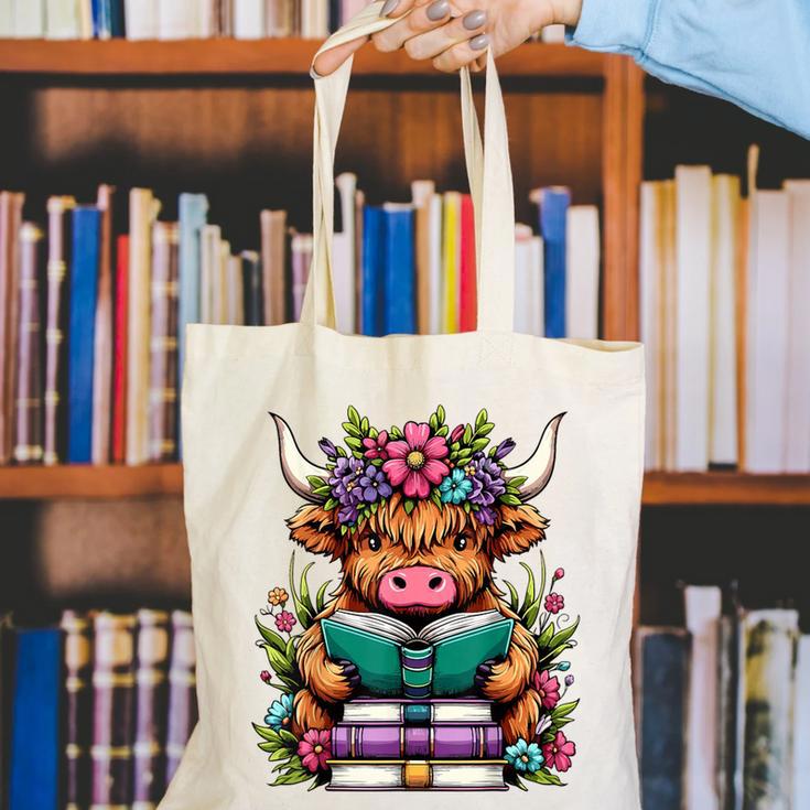 Highland Cow Book Floral Bookworm Canvas Tote Bag