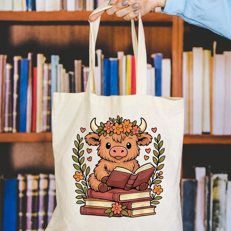 Highland Cow Reading Book Graphic Cow With Book Floral Canvas Tote Bag