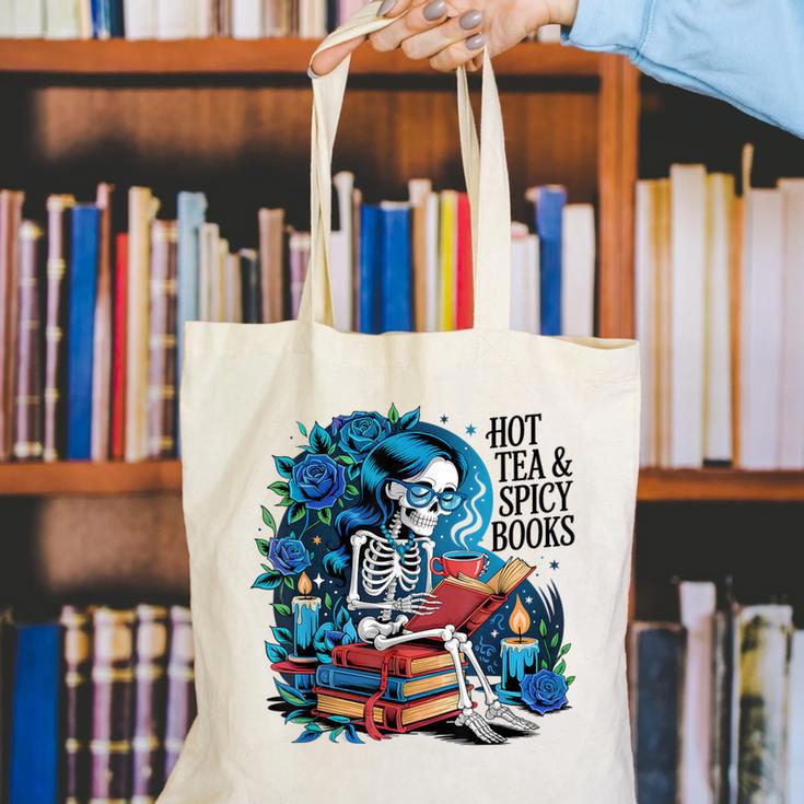 Hot Tea & Spicy Books Skeleton Reader Canvas Tote Bag