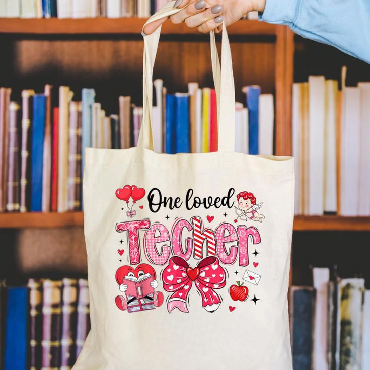 HUGvyn One Loved Teacher Valentine Book Heart Reading Bow Canvas Tote Bag