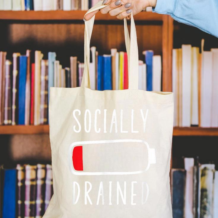 Introvert Socially Drained Battery Canvas Tote Bag