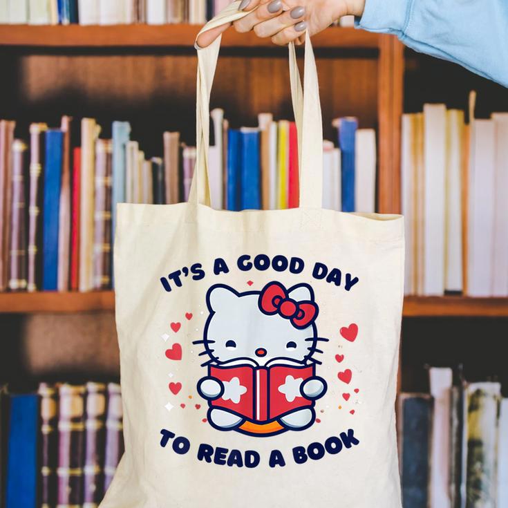 It's a Good Day To Read a Book Cute Cat Book Day Girls Boys Canvas Tote Bag