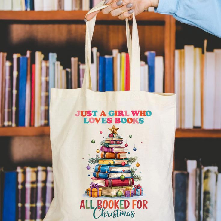 Just a Girl Who Loves Books All Booked For Christmas Canvas Tote Bag Just a Girl Who Loves Books All Booked For Christmas Canvas Tote Bag