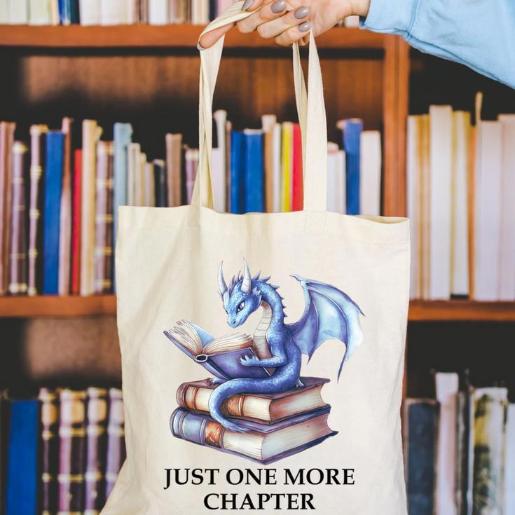 Just One More Chapter Book Dragon Reading Book Lover Bookish Canvas Tote Bag