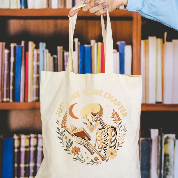 Just One More Chapter Book Lover Bookish Reading Skeleton Canvas Tote Bag