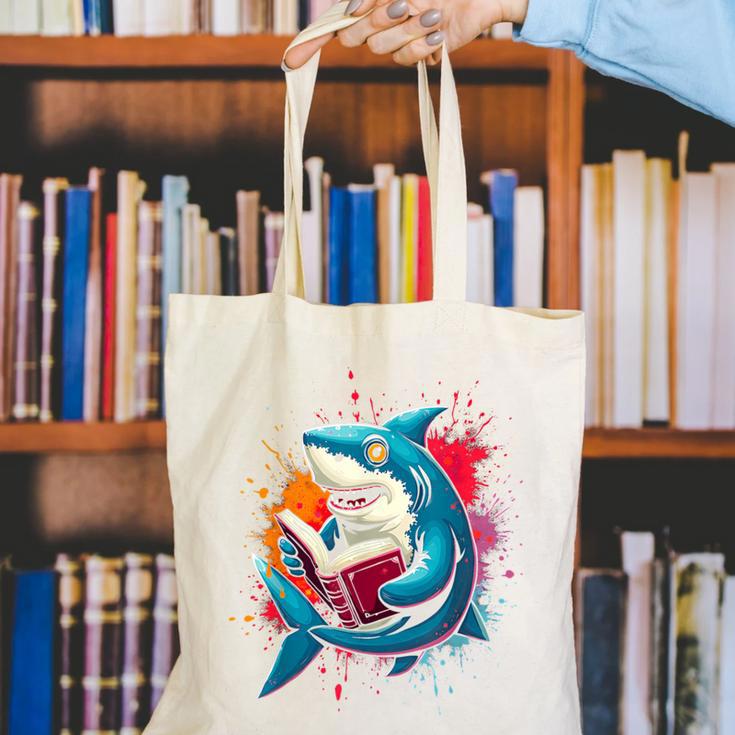 Kawaii Shark Reads Book Reading Library Book Bookworm Canvas Tote Bag