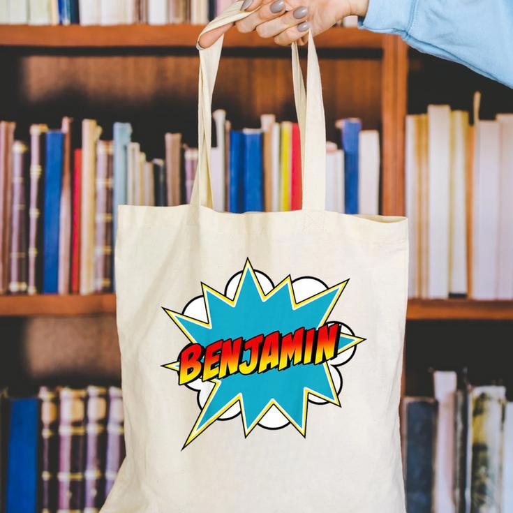 Kids Boys Benjamin Name Personalized Superhero Comic Book Canvas Tote Bag