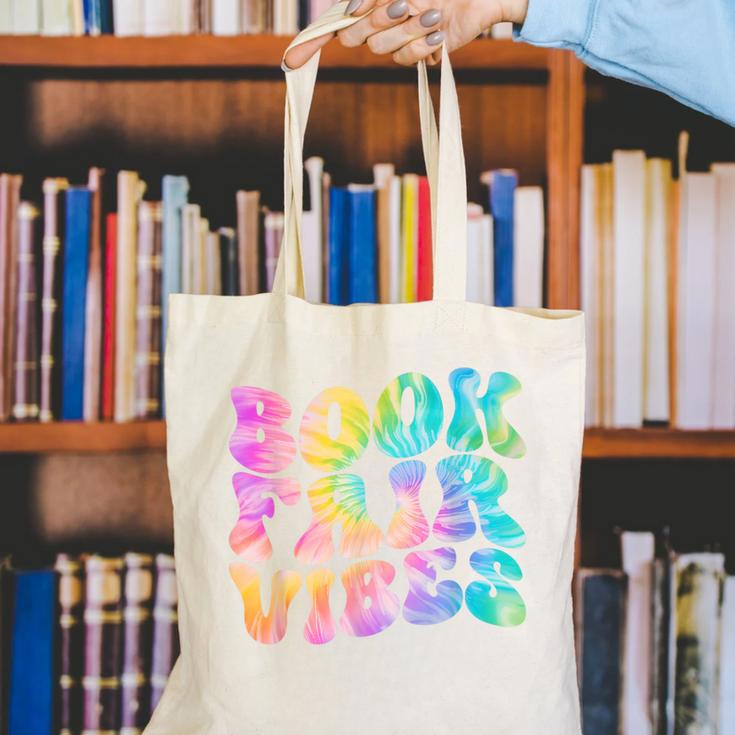 Library Book Fair Vibe Tie Dye School Reading Nostalgic Canvas Tote Bag