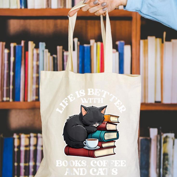 Life Is Better With Books Cats & Coffee Librarian Book Lover Canvas Tote Bag