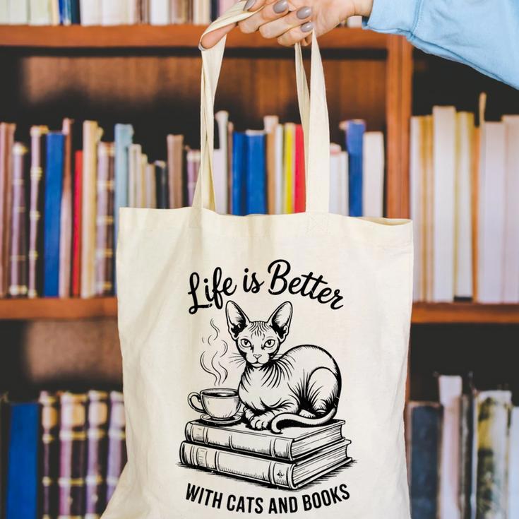 Life Is Better With Cats & Books Sphynx Cat Mom Women Canvas Tote Bag