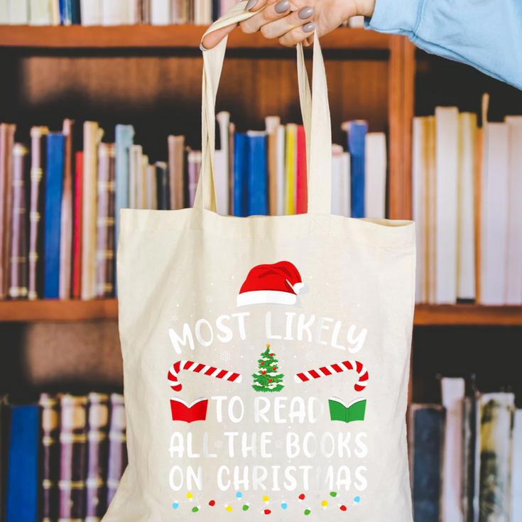 Most Likely To Read A Book On Christmas Family Matching Xmas Canvas Tote Bag