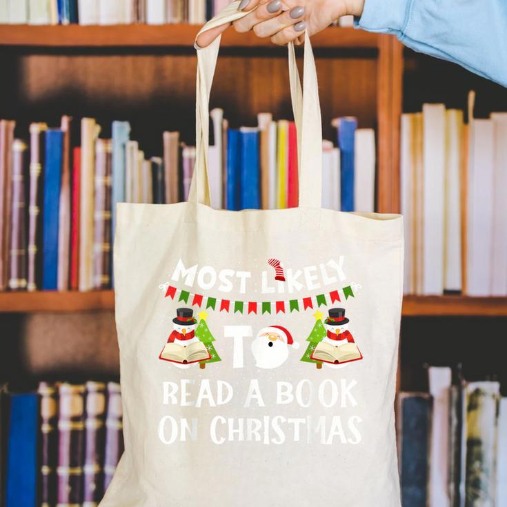 Most Likely To Read A Book On Christmas Snowman Family Canvas Tote Bag