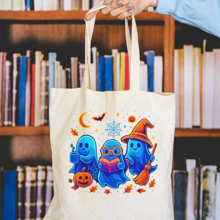 Little Ghost Coffee Tee Spooky Season Ghost Reading Book Canvas Tote Bag