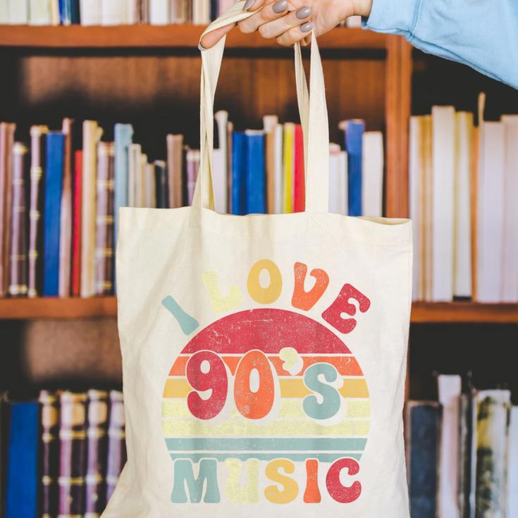 I Love 90's Music Retro Style Nostalgia Cassette 1990s Party Canvas Tote Bag
