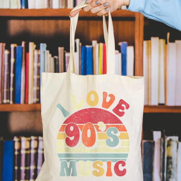 I Love 90's Music Retro Style Nostalgia Cassette 1990s Party Canvas Tote Bag