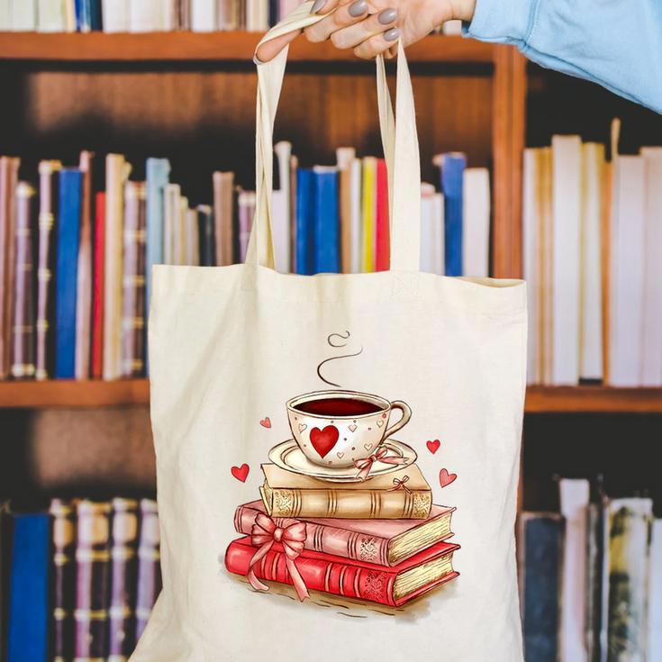 Love Book Coffee Heart Coquette Bow Valentines Day Canvas Tote Bag