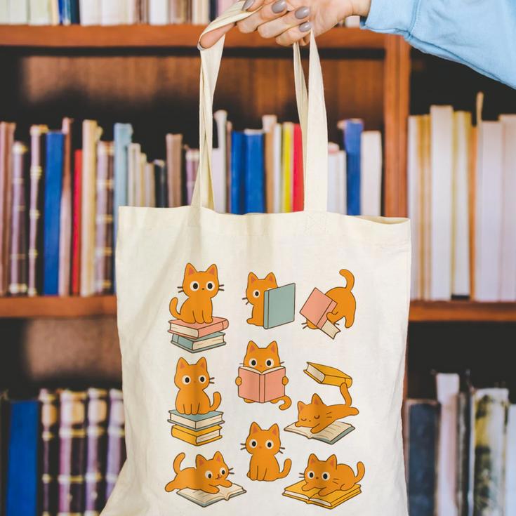 Orange Cats Reading Books Cat Lover Canvas Tote Bag