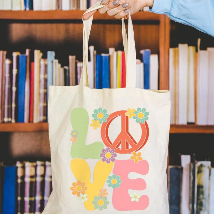 Peace Sign Love Groovy Vibes Costume Nostalgia 1980s Fashion Canvas Tote Bag