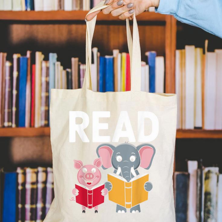 Pig Elephant Reading Cute Book Lover Bookworm Boys Girls Kid Canvas Tote Bag