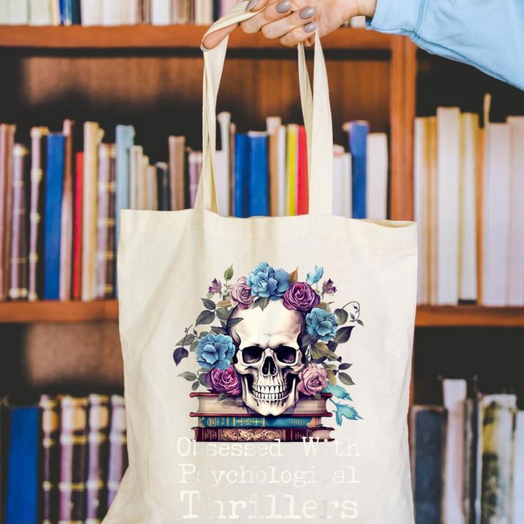 Psychological Thriller Reader Fan Skull Flowers Books Canvas Tote Bag