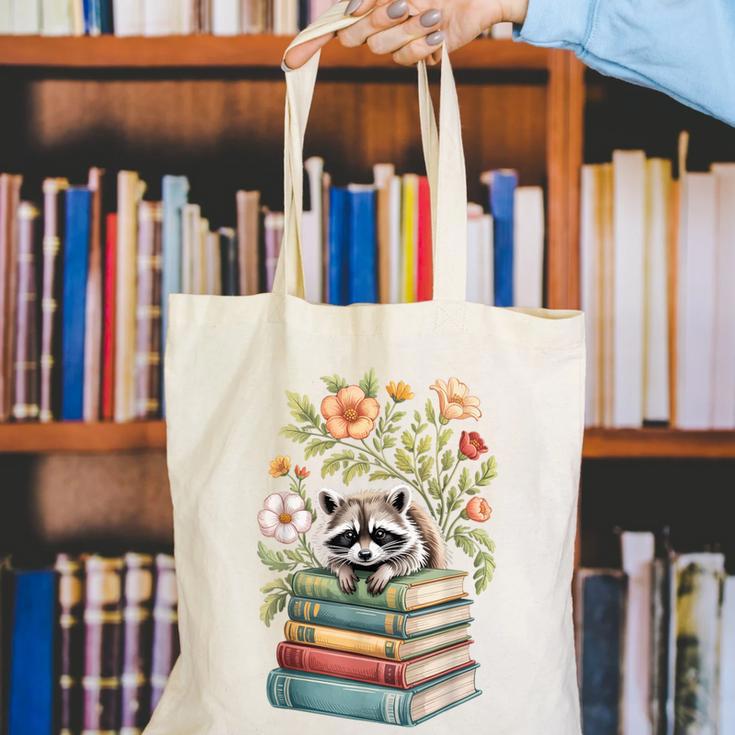 Raccoon Books Reading Flowers Canvas Tote Bag