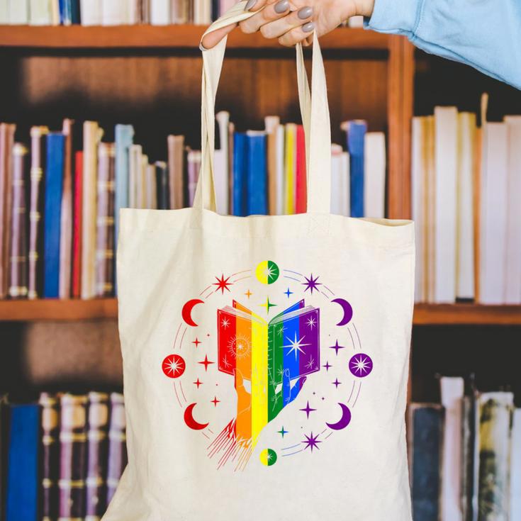 Rainbow Book With Stars And Moon Phases Gay Pride LGBT Canvas Tote Bag