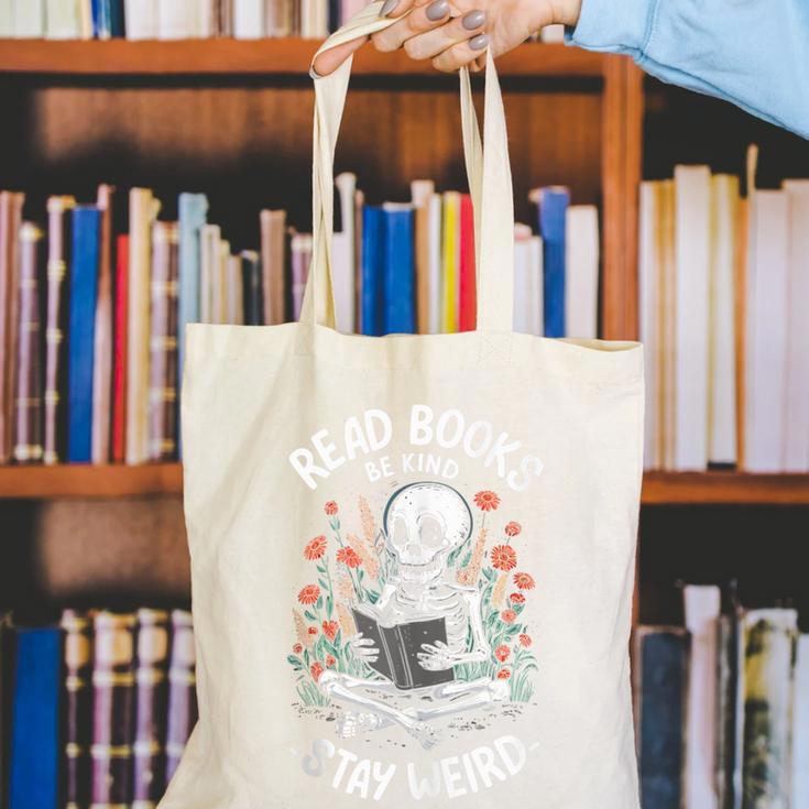 Read Books Be Kind Stay Weird Skeleton Reading Goth Flower Canvas Tote Bag Read Books Be Kind Stay Weird Skeleton Reading Goth Flower Canvas Tote Bag