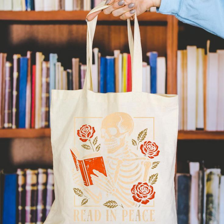 Read In Peace Skeleton Reading Book Halloween Teacher Canvas Tote Bag