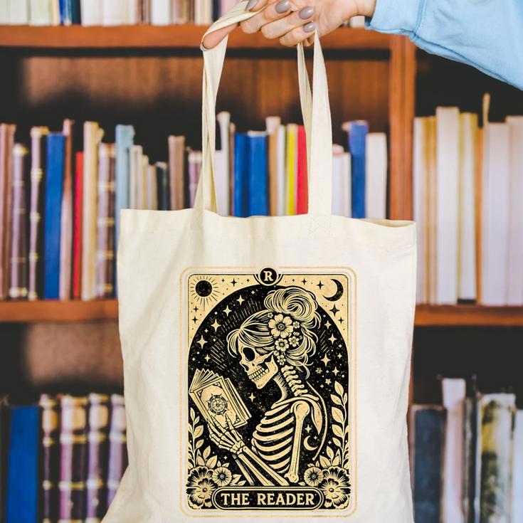 The Reader Tarot Card Book Lover Skeleton Reading Book Canvas Tote Bag
