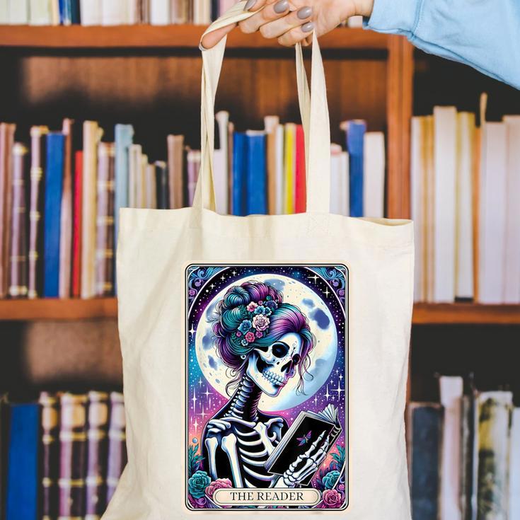 The Reader Tarot Card Reading Skeleton Skull Book Lover Canvas Tote Bag
