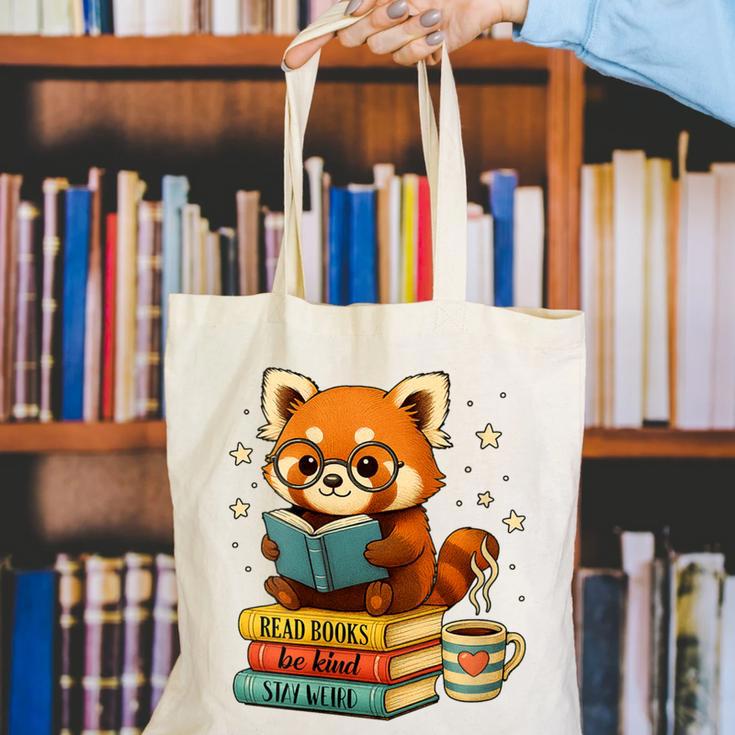 Reading Book Lover Red Panda Read Books Be Kind Stays Weird Canvas Tote Bag