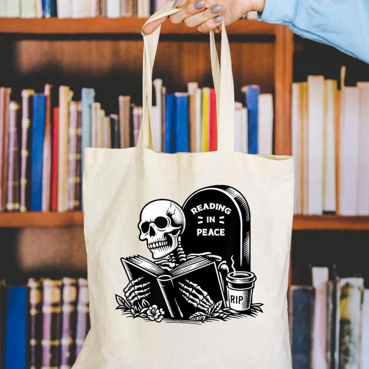 READING IN PEACE RIP Introvert Skeleton Read Book Meme Canvas Tote Bag READING IN PEACE RIP Introvert Skeleton Read Book Meme Canvas Tote Bag