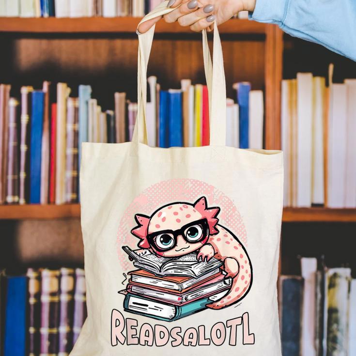 Readsalotl Axolotl Reading Books Glasses Bookworm Pun Fun Canvas Tote Bag